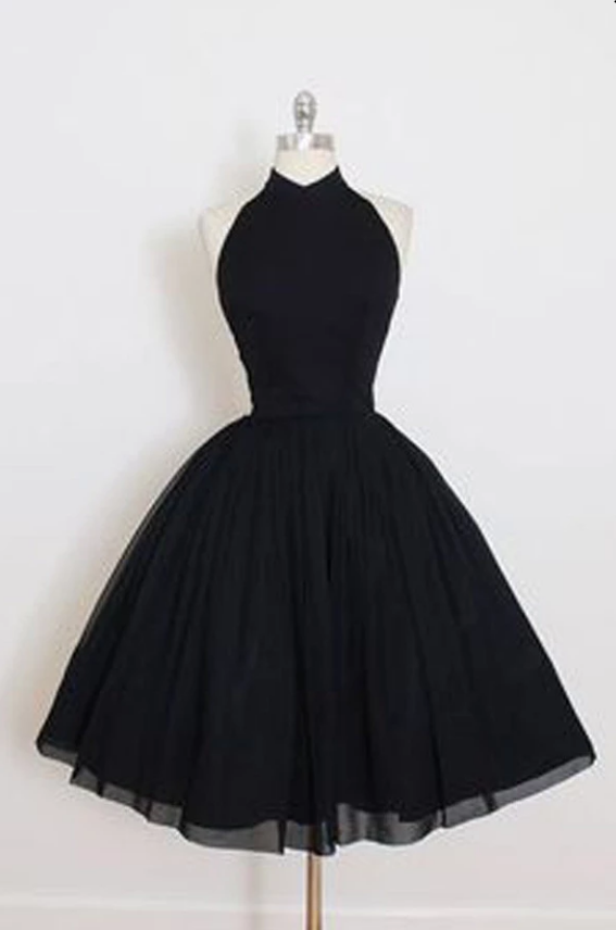 Elegant Sleeveless Open Back Homecoming Dresses,simple Black A-line Tulle Homecoming Dresses.hl375
