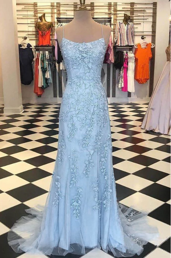 Beautiful Sleeveless Spaghetti Straps Mermaid Prom Dress,chic Lace Appliques Open Back Prom Dress.p376