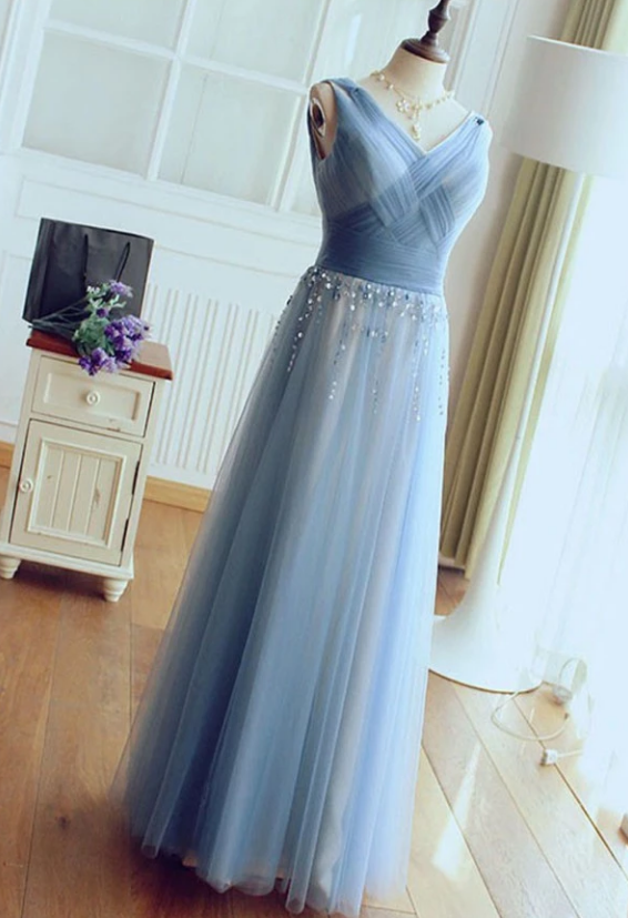 Charming V-neck Sleeveless Prom Dresses,chic Beaded Floor Length Tulle Prom Dresses.p381
