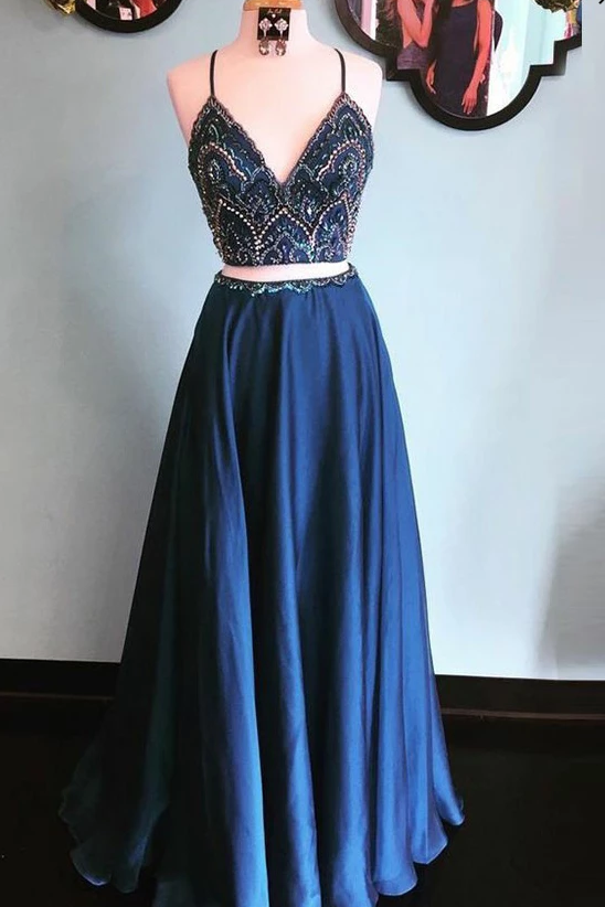 Straps Square Neck Dark Navy Floor Length Prom Dress main image 1