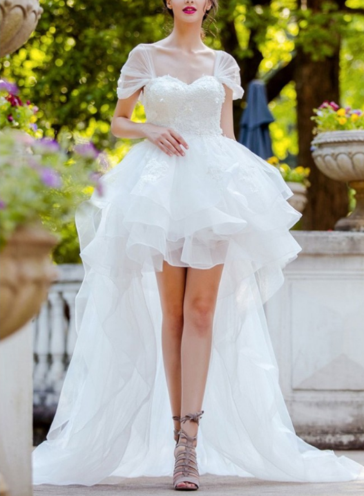 Special High Low Ruffled Tulle Bridal Dress Charming Cap Sleeve