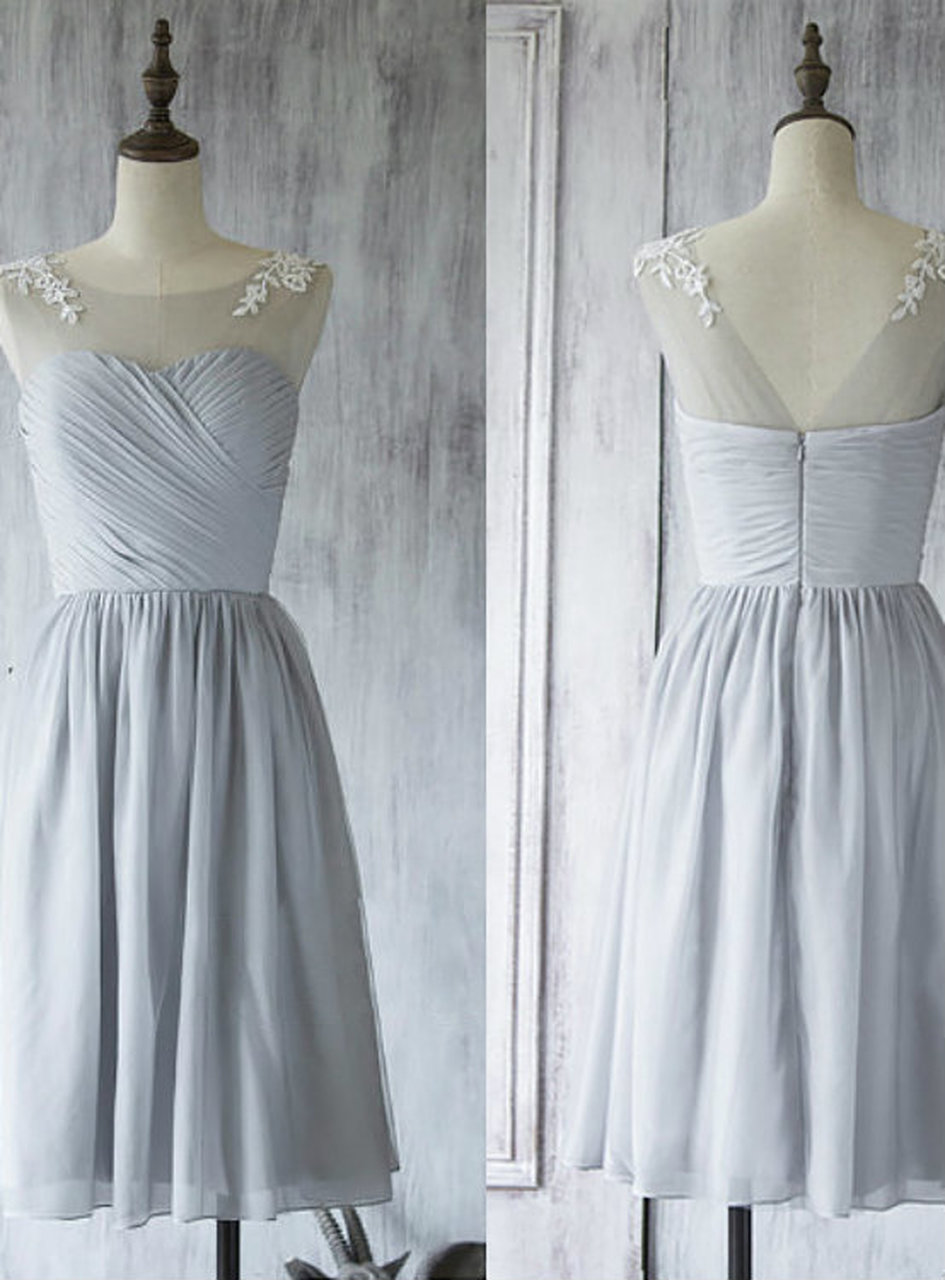 Short Lace Appliques Bridesmaid Dress,light Gray Sleeveless Chiffon Bridesmaid Gown.wb396