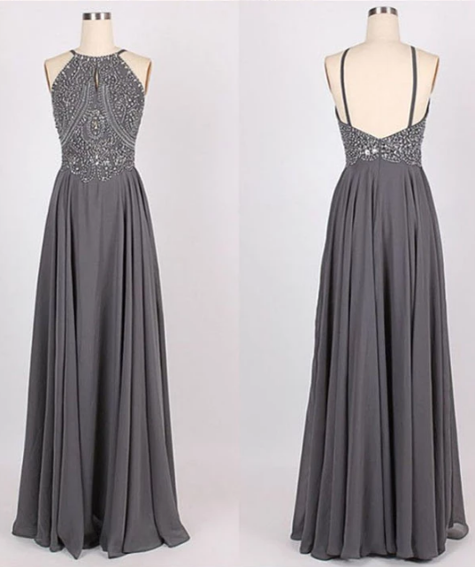Gray A-line Halter Floor Length Prom Dress,sexy Sleeveless Backless With Beading Evening Dress.p402