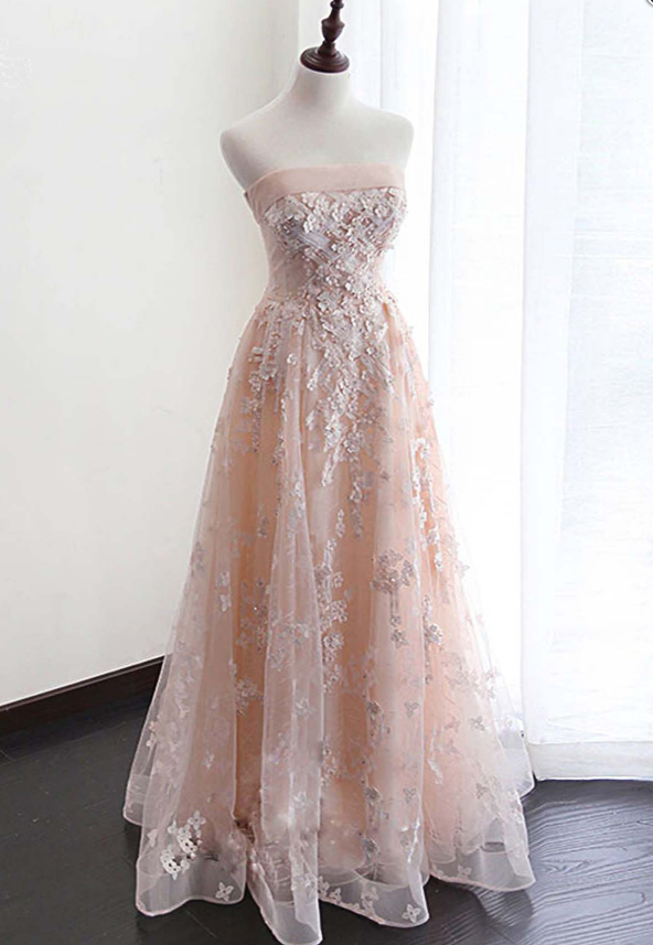 Pink Tulle Strapless Appliques Lace Homecoming Dresses,charming A-line Floor Length Homecoming Dresses.ph409