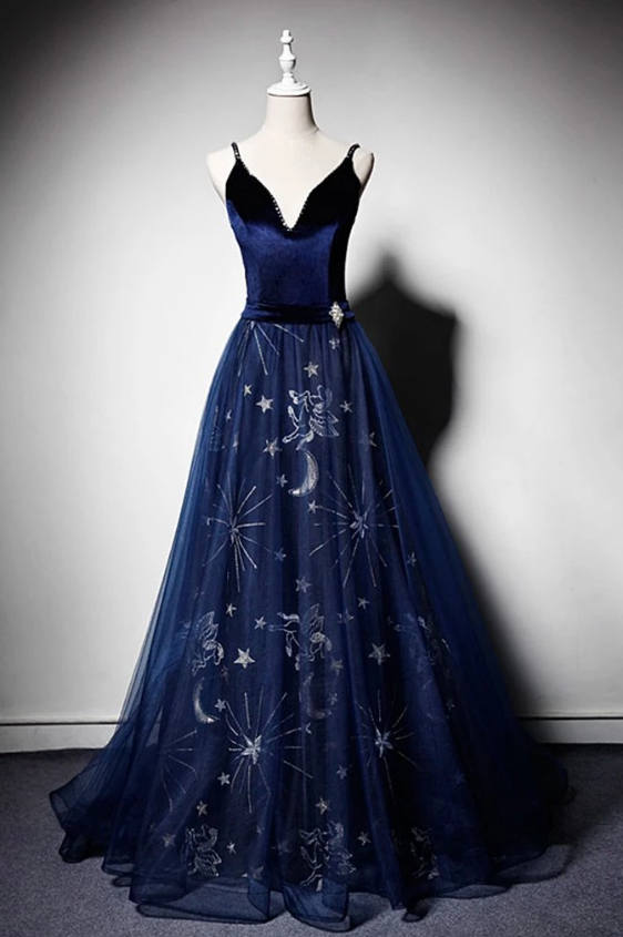 Deep Blue Velvet Spaghetti Straps Tulle Prom Dresses,elegant A-line Floor Length V-neck Prom Dresses.p410