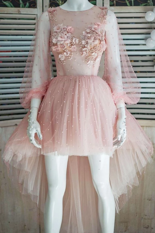Pink Tulle Pearl High Low Homecoming Dresses,special 3d Lace Applique Prom Dress With Long Sleeves.p442