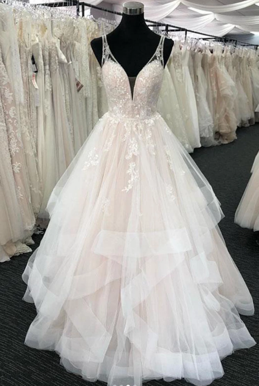 Unique Ruffles Layered Tulle V Neck Wedding Dress,exquisite Appliques Sleeveless Lace Bridal Wedding Dress.w446