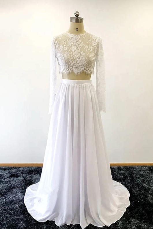 White Lace Two Pieces Bridal Prom Wedding Dress With Long Sleeves,floor Length Chiffon Wedding Dresses.tp448