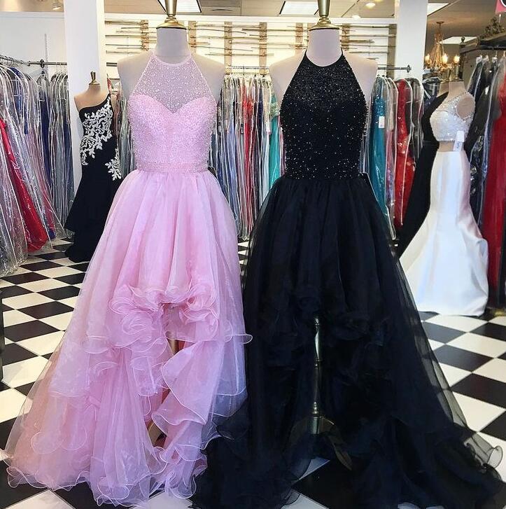 Floor Length Homecoming Dress,halter Beading Evening Dress, Sleeveless Prom Dress, High Low Tulle Prom Dress.hl462