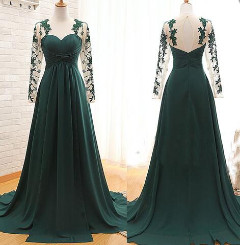 Green Sweetheart Formal Dress,elegant Chiffon Evening Dress, Long Sleeve Appliques Lace Prom Dress,open Back Prom Dress.f468