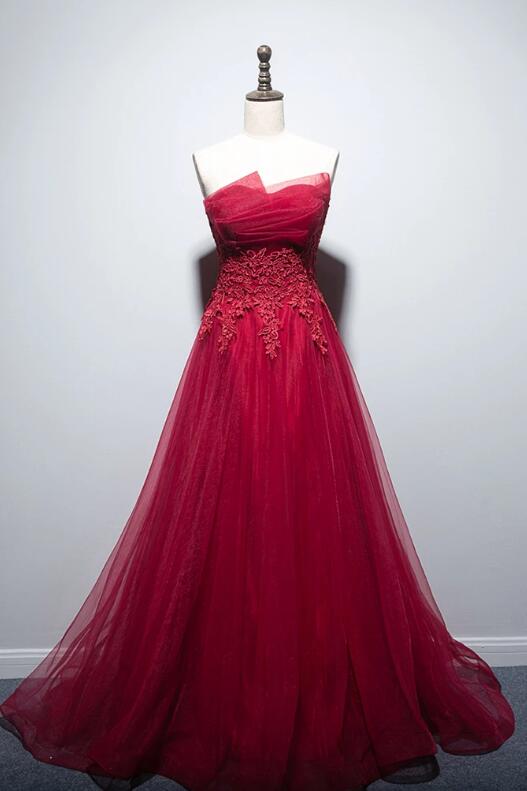 Red Strapless Prom Dress,a-line Tulle Prom Dress,appliques Prom Dress,off Shoulder Prom Dress,floor Length Prom Dress.r472