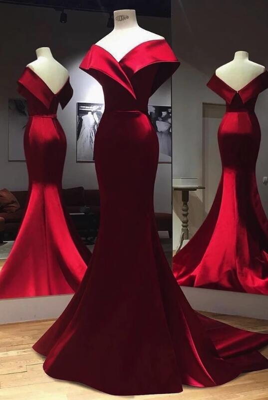 Red Satin Prom Dress,elegant Mermaid Evening Dress,off-shoulder Prom Dress,brush Train Formal Dress.r489