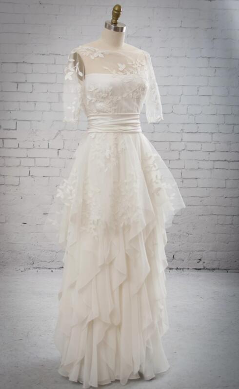 Classical Half Sleeve Lace Wedding Dress,chic Layered A-line Bridal Dress,romantic Floor Length Wedding Dress.w498