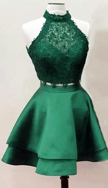 Custom Charming High Collar Lace Homecoming Dress,two Pieces Evening Dress,sleeveless Satin Homecoming Dress.mn617