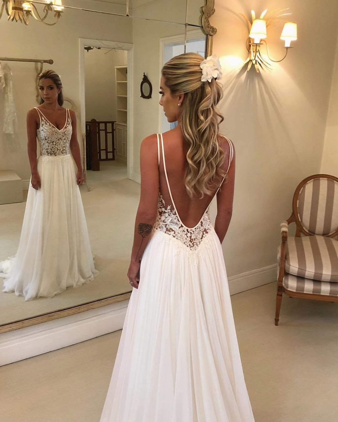 Ivory Chiffon Sweep Train Wedding Dress Elegant Deep V Neck Open Wedding Dress Elegant Deep V Neck