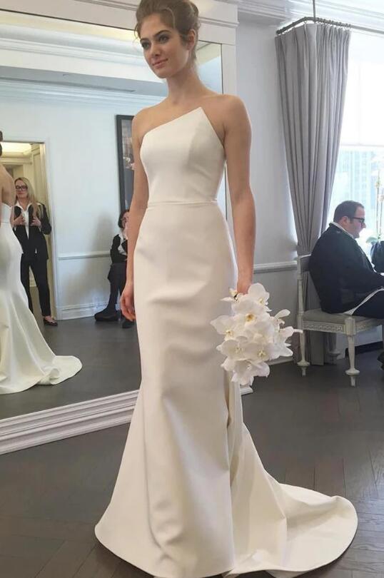 Simple Spaghetti Strap One Shoulder Wedding Dress Mermaid Satin
