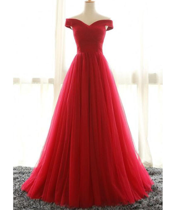 Red Off-the-shoulder Prom Dress,charming Tulle Evenig Dresses,a-line Floor Length Evening Dresses.r715
