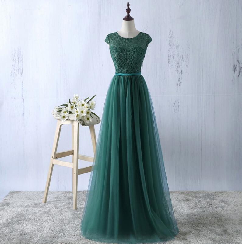 Elegant A-line Floor Length Tulle Prom Dresses,modest Round Collar Beading Cap Sleeve Formal Evening Dresses.p734