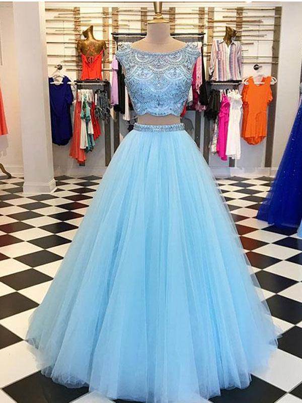 Sexy Two Pieces Beaded Blue Long Prom Dresses,Round Collar Sleeveless Evening Dresses.TP742