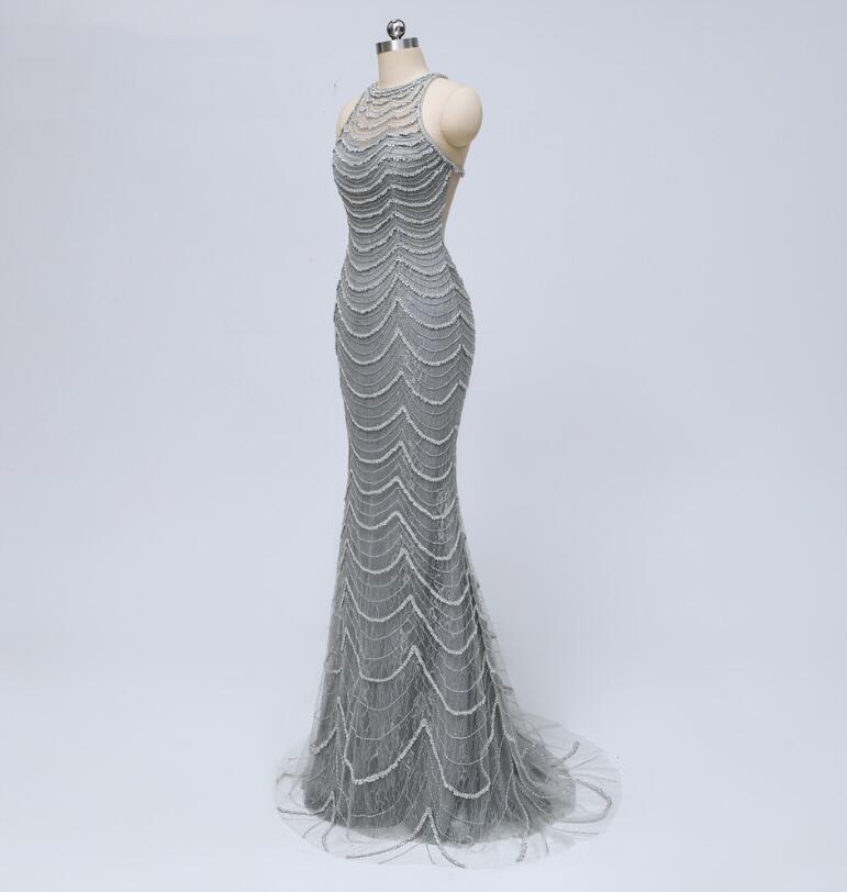 Grey Lace Heavily Beaded Mermaid Evening Prom Dresses, Luxurious Sleeveless Formal Prom Dresses.p760