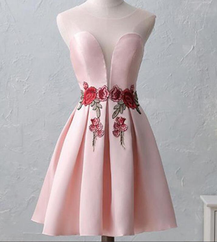 Cute Pink Short Satin Homecoming Dresses,chic Appliques Sleeveless Homecoming Dresses.mn763