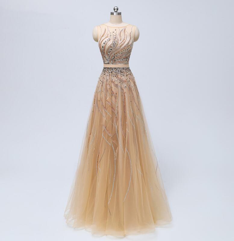 Elegant Round Collar Prom Dresses,a-line Floor Length Tulle Prom Dresses,sleeveless Beading Evening Dresses.p764