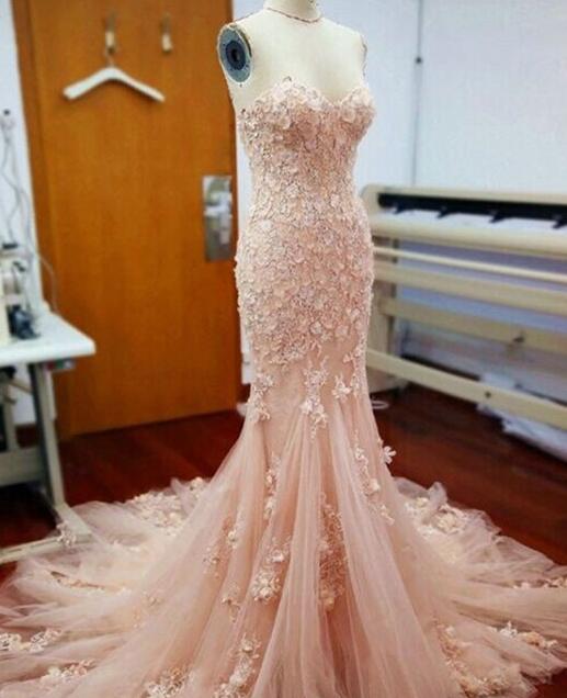 Blush Pink Strapless Lace Mermaid Evening Prom Dresses,charming Appliques Evening Dresses.st766