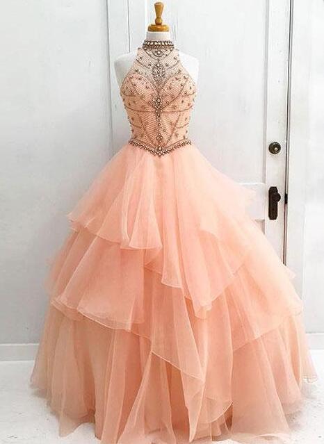 Sexy Open Back Orange Halter Prom Dresses,delicate Beading Rhinestone Ball Gown,sleeveless Organza Evening Dresses.p778