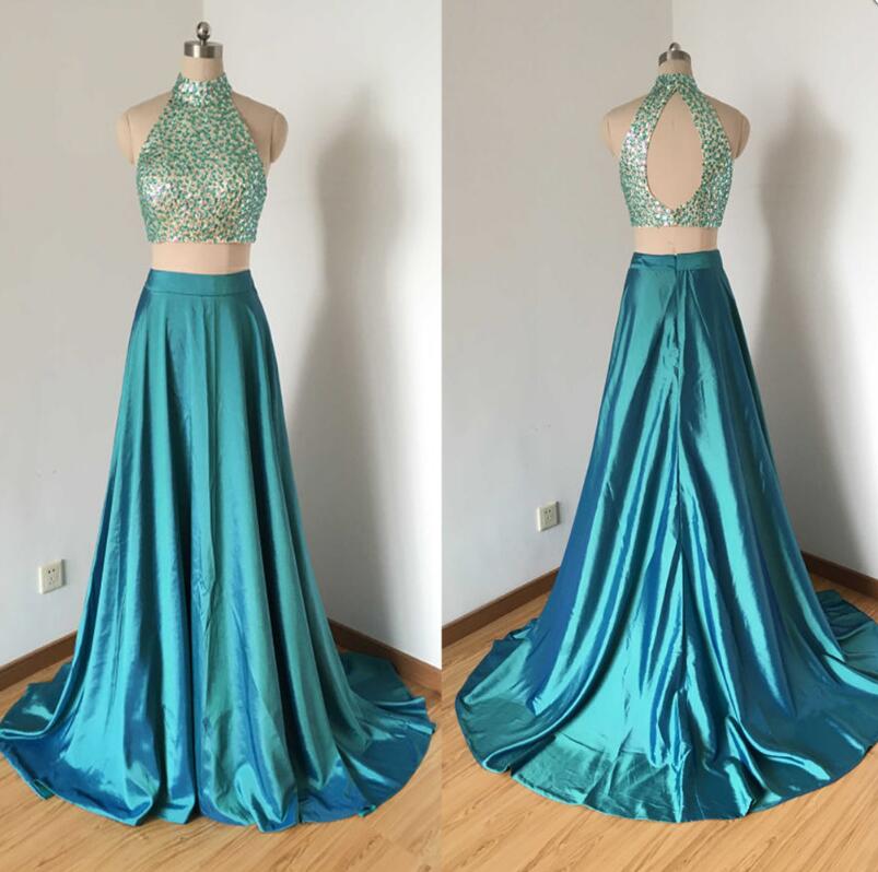 Sparkly Two Pieces Halter Prom Dresses,Charming Side Slit For Teens Formal Affordable Prom Dress.TP789