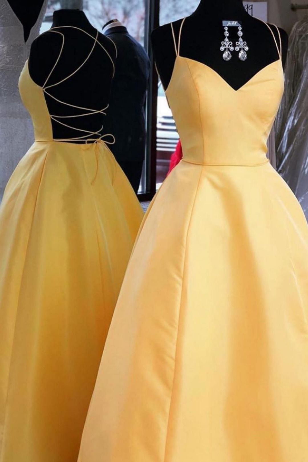 Spaghetti Straps A-line Homecoming Dresses,yellow Floor Length Satin Homecoming Dresses,charming Open Back Evening Dresses.ph807