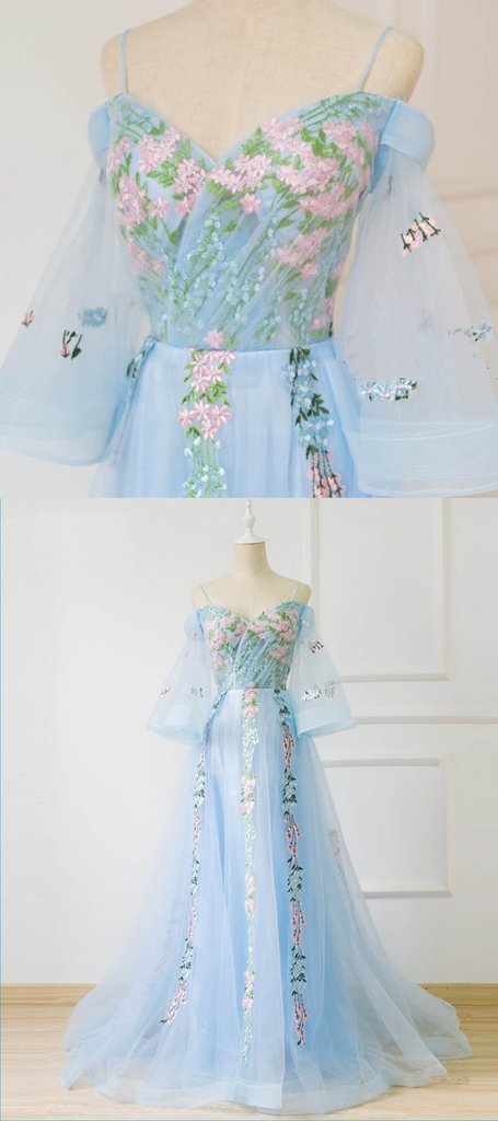 Sweetheart Blue Tulle Prom Dress,off-shoulder Long Prom Dress,chic Embroidery Long Sleeves Evening Dress.p930