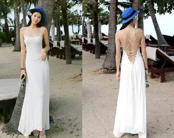 White Spaghetti Straps Beach Dress,adjustable Cross Back Party Dress,floor Length Evening Dresses,prom Dress.wh944