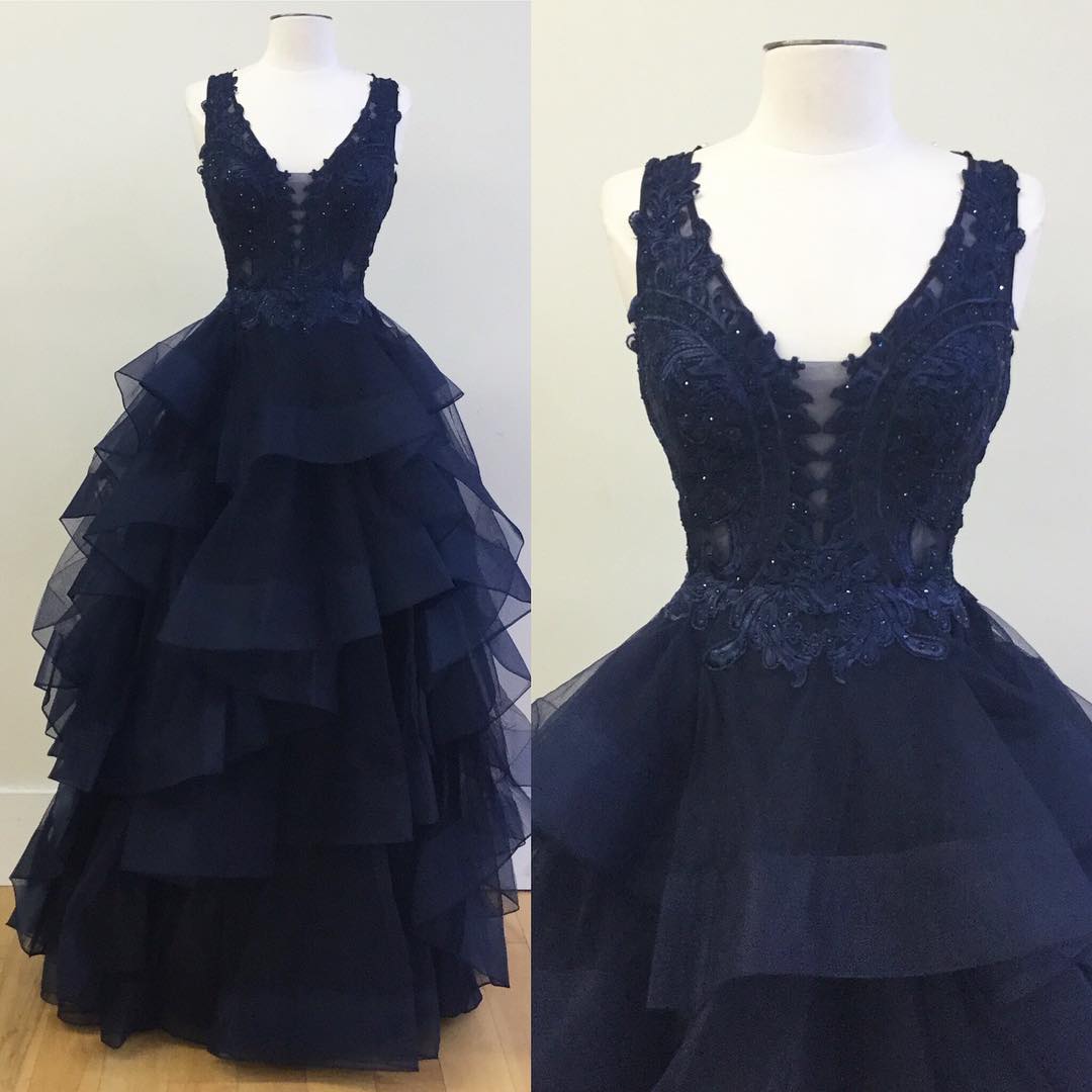 V-neck Navy Blue Tulle Prom Dresses,lace Beaded Prom Dresses,elegant Sleeveless Prom Dresses, Evening Dresses.p977