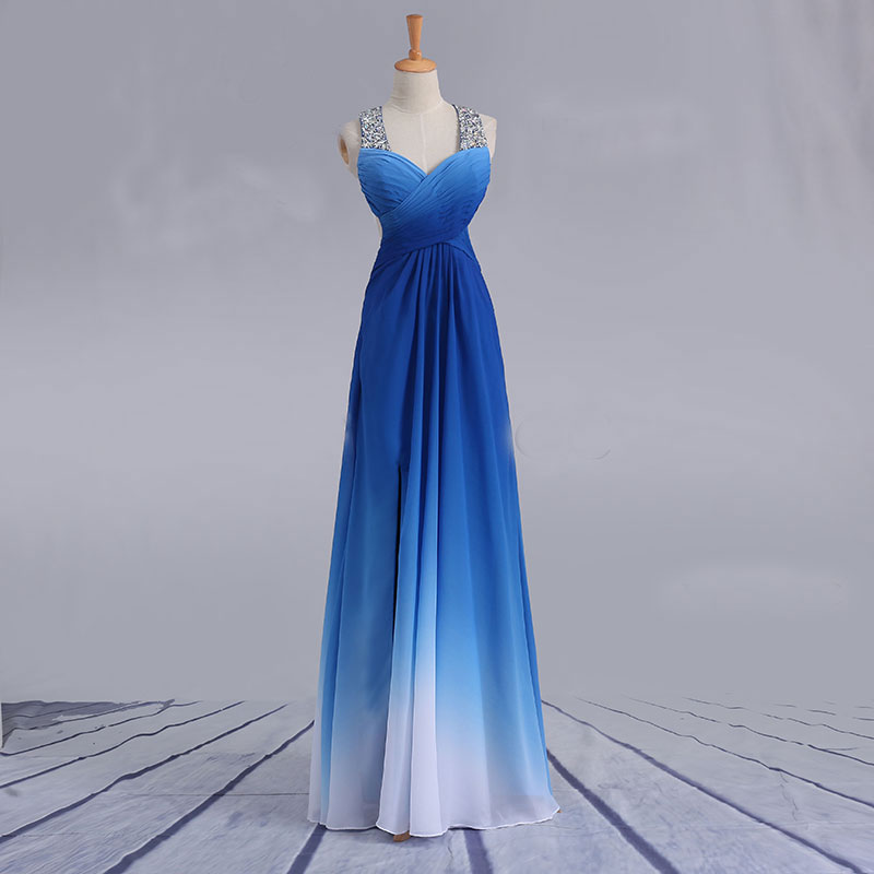 Elegant Blue To White Gradient Color Prom Dresses,cross Straps Party Dresses With Sequin,sleeveless Floor Length Evening Dresses.p999