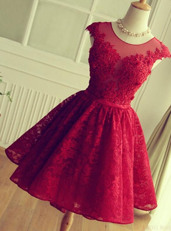 Cute Red Homecoming Dresses,a-line Short Lace Party Dresses,cap Sleeve Appliques Evening Dresses.mn1029