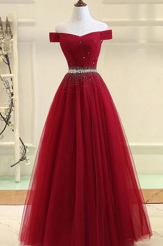 Burgundy A-line Off The Shoulder Prom Dresses,charming Beading Long Prom Dresses.p1092