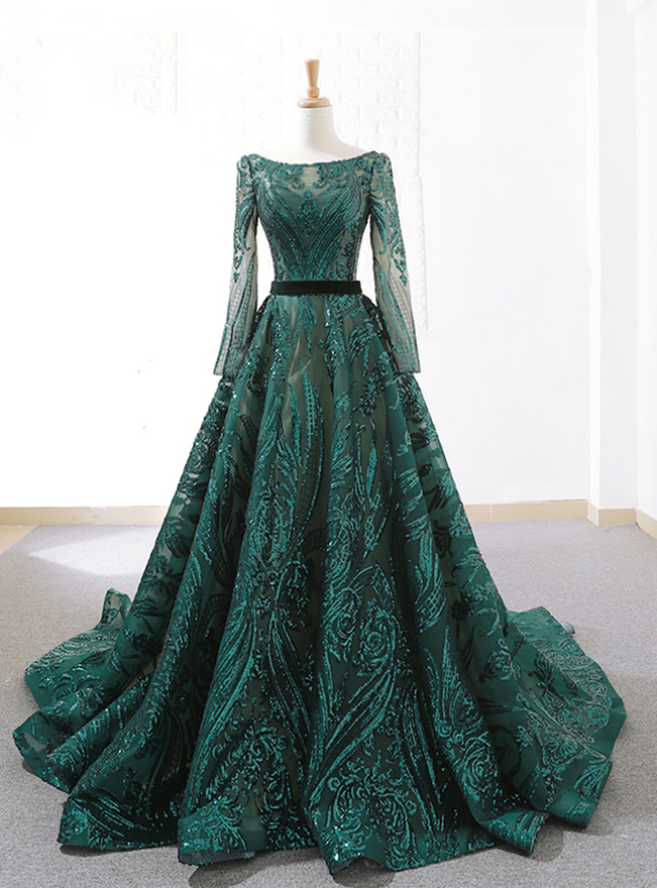 Dark Green Sequins Long Sleeve Prom Dresses, A-line Evening Dress With Long Train.LS1120