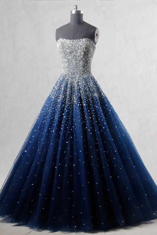 navy blue glitter prom dress