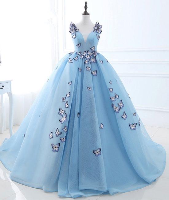 Charming Sleeveless V-neck Prom Dresses,blue Long Ball Gowns,pretty A-line Evening Dresses.p1130