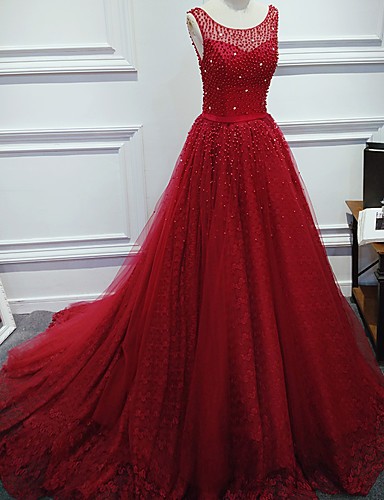 Luxurious A-line Round Neck Prom Dresses,charming Red Long Prom Dress With Pearl,sleeveless Tulle Evening Dresses.r1137