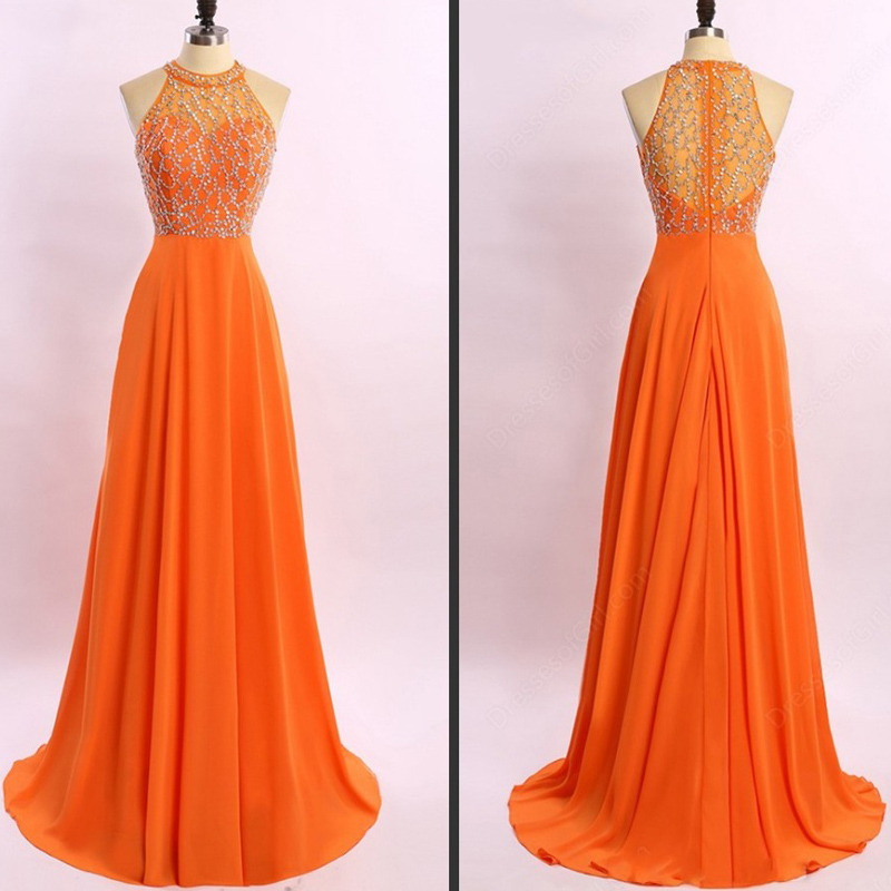 high neck orange dress