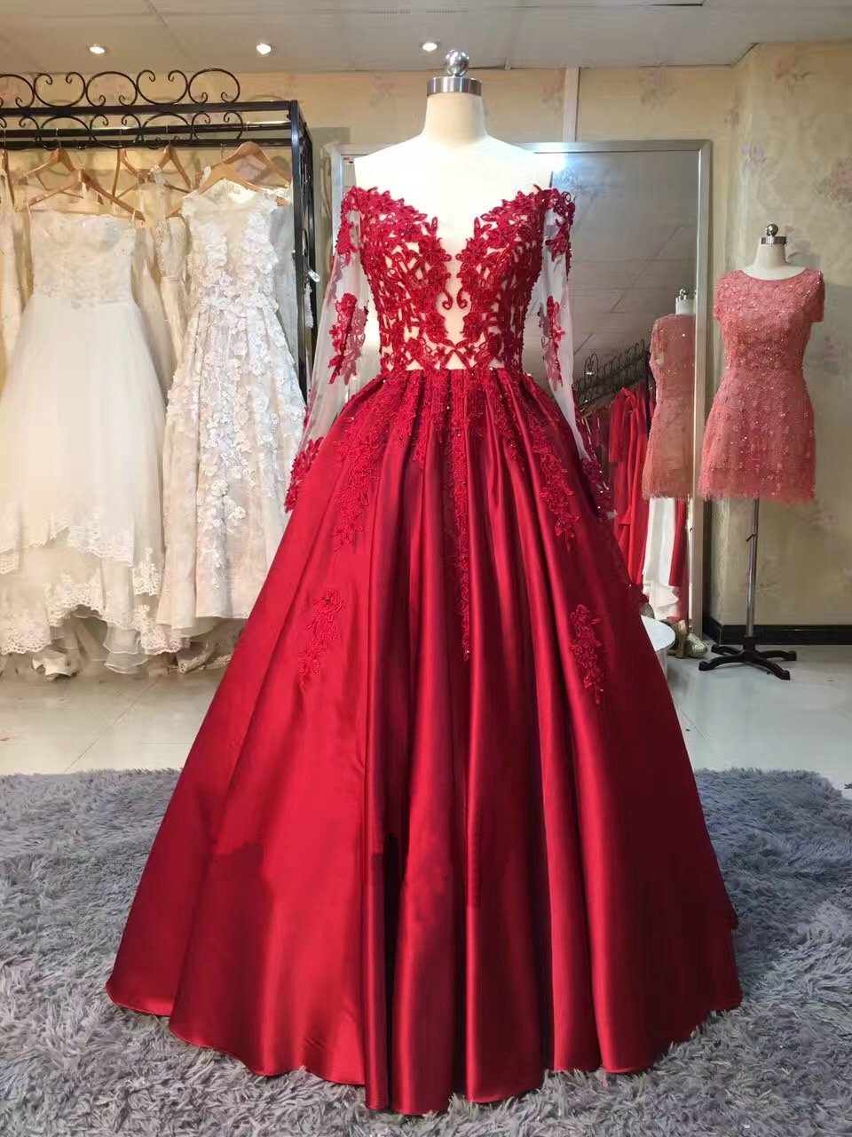 Burgundy Long Sleeve Long Prom Dresses,Red Lace Appliques Prom Dress,Evening Dresses.R1161