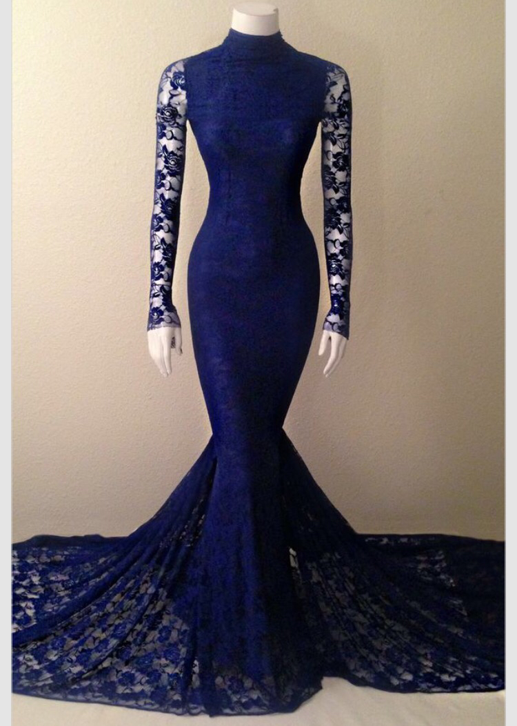 Long Sleeves Royal Blue Prom Dresses,sexy Mermaid Lace Evening Dresses,elegant High-neck Evening Dresses.ls1191