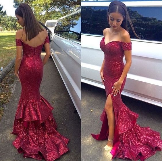 red sparkly off the shoulder dress