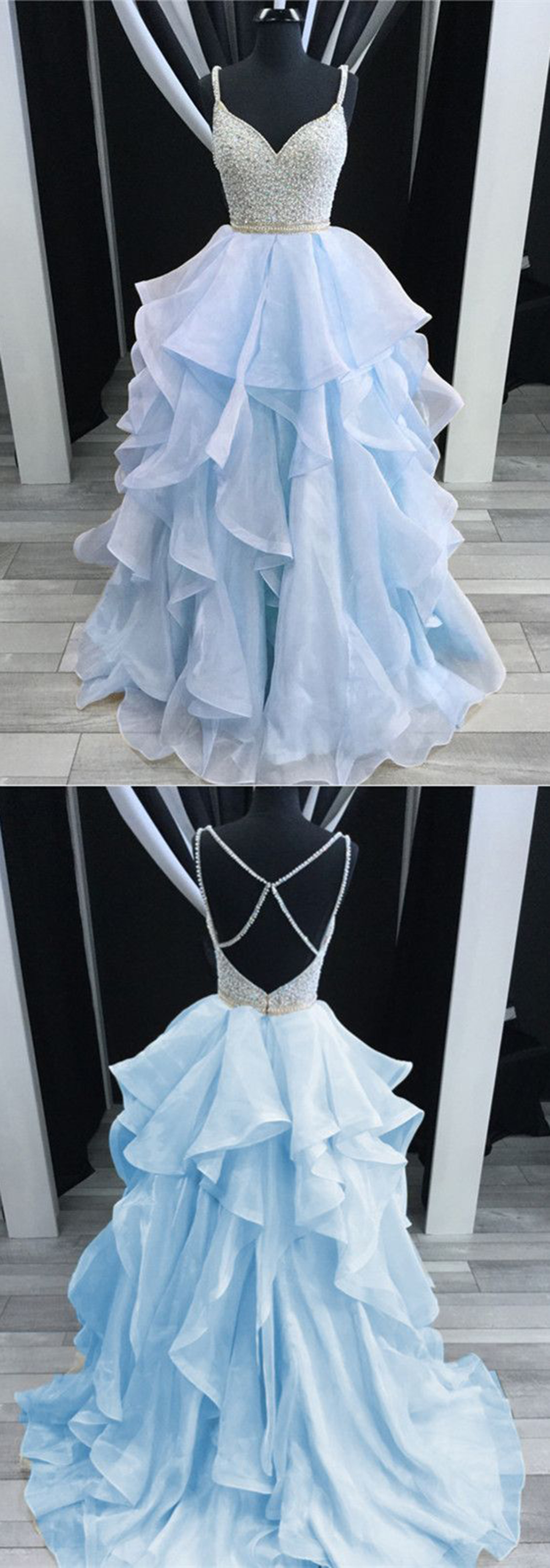 Charming Light Blue Layered Long Prom Dress,Luxury Bead Party Dress,Spaghetti Straps Cross-Back Prom Dress.P1206