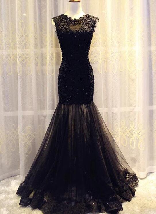 Gorgeous Black Lace Mermaid Prom Dresses, Tulle Evening Gowns, Charming Sleeveless Party Dresses.p1220