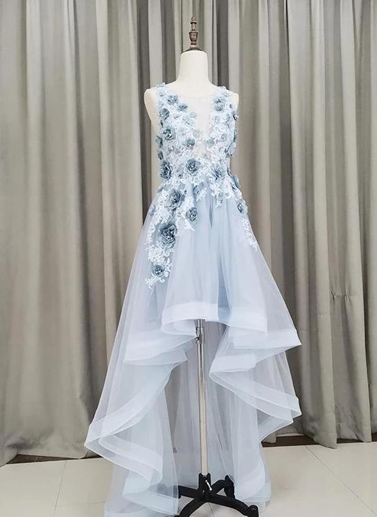 Light Blue Tulle Flowers Homecoming Dresses,charming Appliques Lace High Low Party Dresses.hl1221