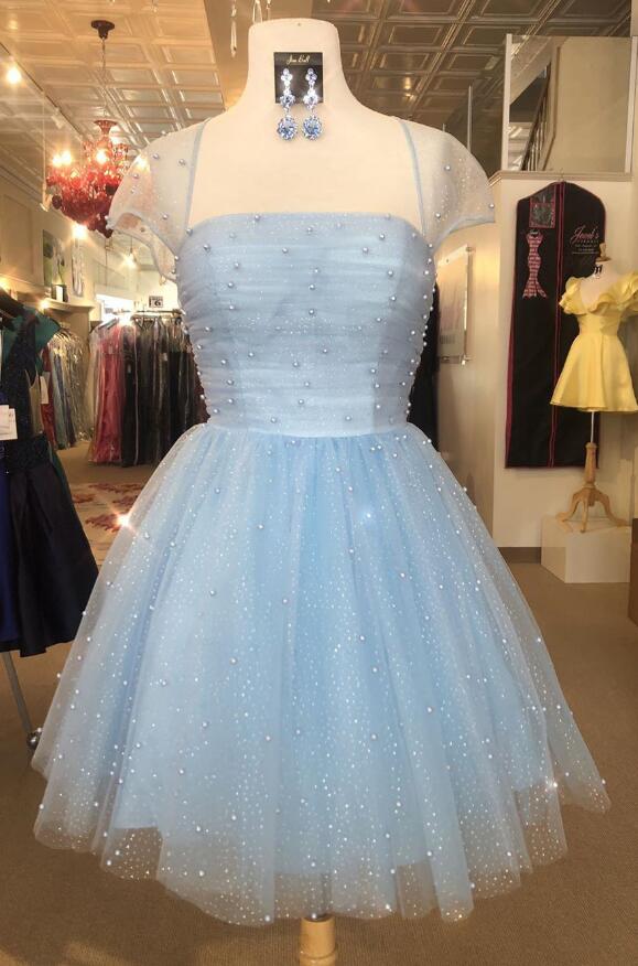 Sparkle Beaded Cap Sleeves Homecoming Dresses,light Sky Blue Homecoming Dresses.ph1414