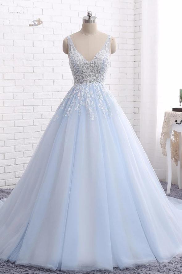 Chapel Train Tulle Ball Gown,v Neck Sleeveless Backless Appliques Prom Dresses,party Dresses.p1433