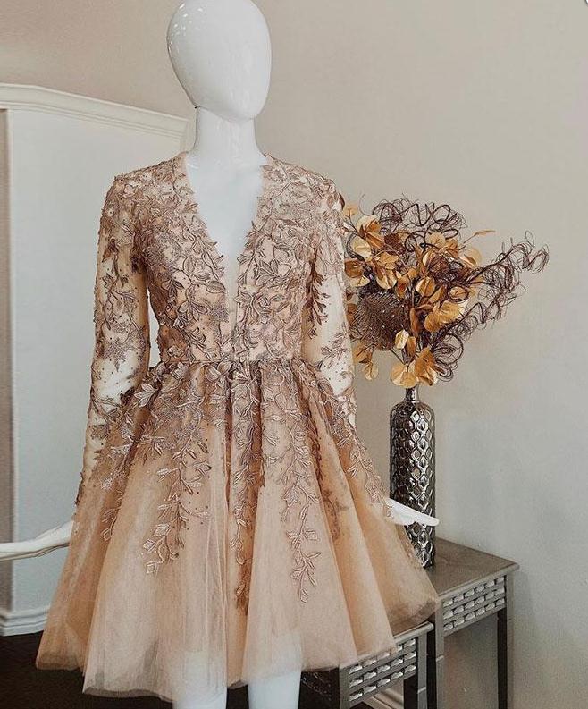 Champagne Long Sleeves Applique Homecoming Dresses,v-neck A-line Party Dresses,short Lace Prom Dresses.ph1435